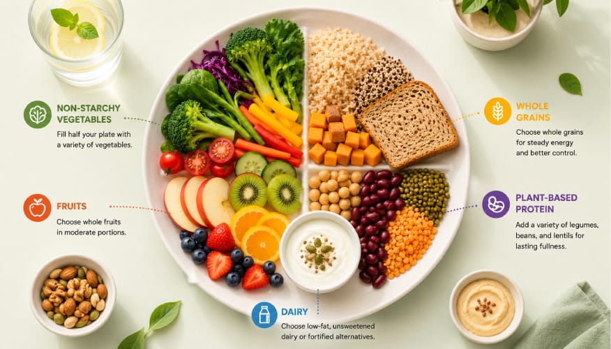 Healthy plate guide showing balanced portions of vegetables, fruits, whole grains and proteins for nutrition wellness