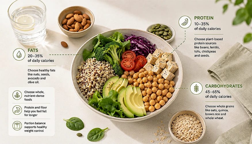 Balanced nutrition bowl showing macronutrient breakdown: protein 10-35%, fats 20-35%, carbohydrates 45-65% with vegetables, grains, nuts and legumes.