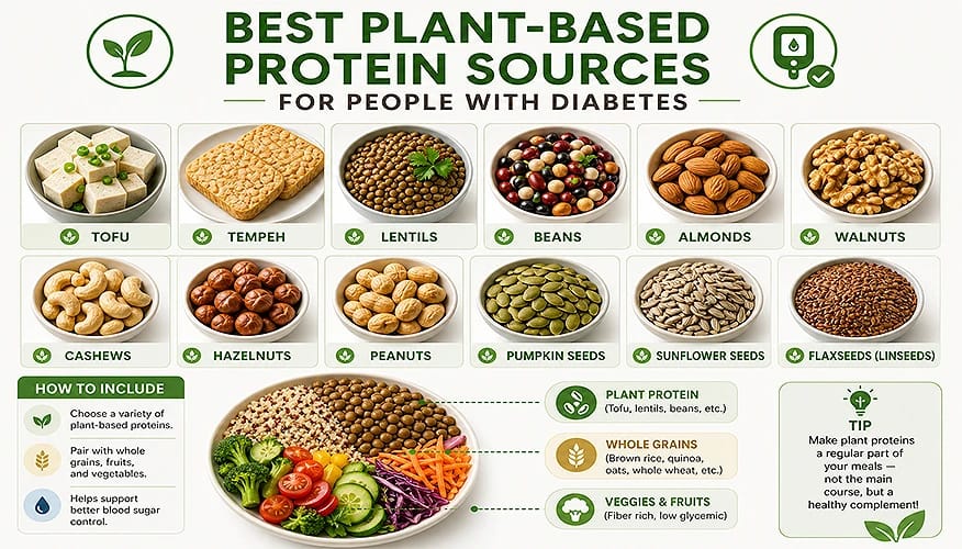 Best plant-based protein sources for people with diabetes including tofu, lentils, beans, nuts, and seeds
