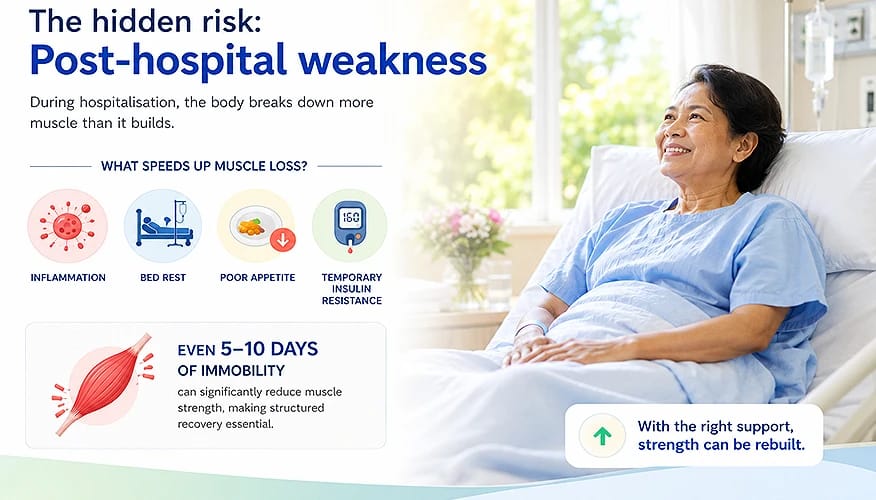 Post-hospital weakness infographic: elderly patient in hospital bed with muscle loss causes including inflammation, bed rest, poor appetite and insulin resistance.
