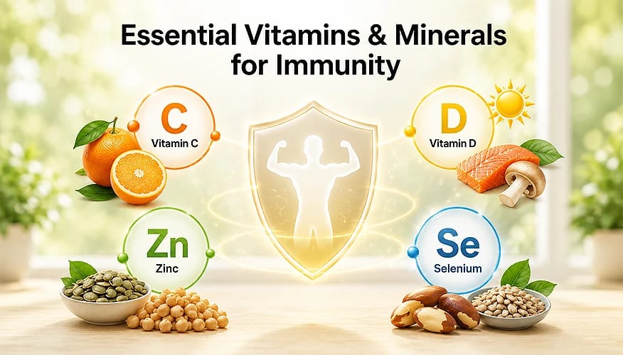 Essential vitamins and minerals for immunity — Vitamin C, D, Zinc, Selenium with natural food sources and immune shield