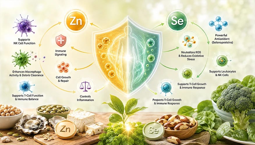 Zinc & Selenium immune support shield showing NK cells, T-cells, antioxidant benefits with nuts, seeds, and vegetables