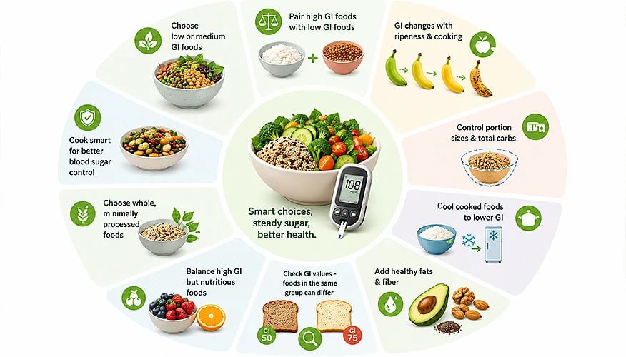 Smart blood sugar control infographic with low GI food tips, portion control, healthy fats and steady glucose strategies