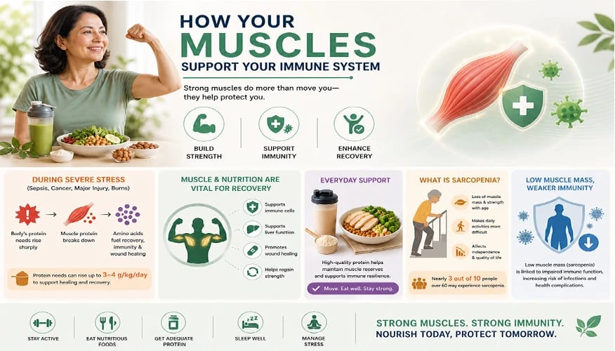 Muscles support immune system infographic showing strength, recovery, sarcopenia risks and protein nutrition benefits