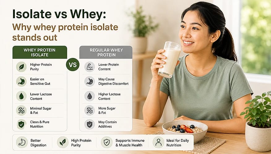 Whey protein isolate vs regular whey comparison chart showing higher purity, lower lactose, better digestion benefits