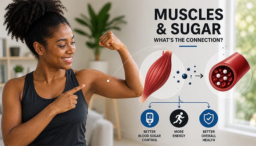 Muscles and sugar connection infographic showing glucose absorption leading to better blood sugar energy and overall health