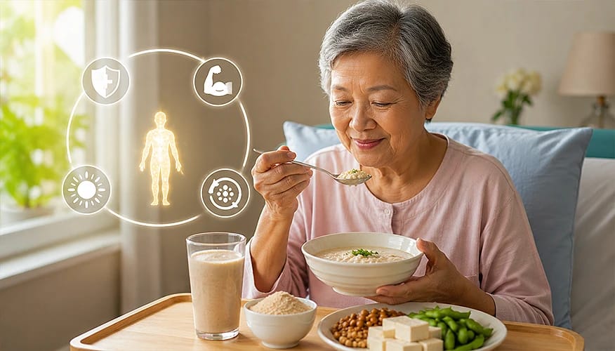 Elderly woman eating a liver-friendly meal with protein foods and wellness icons