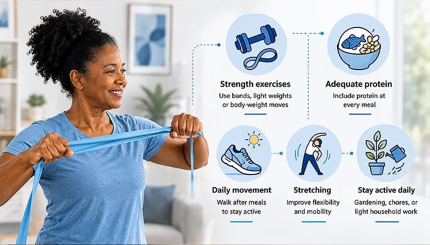 Woman with resistance band showing strength exercise, protein, daily movement and stretching tips for active healthy aging
