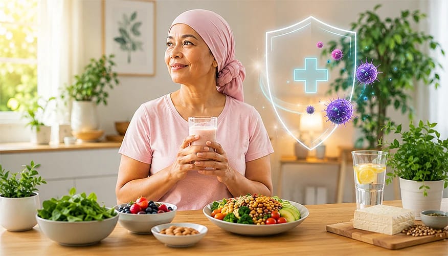 Woman with healthy foods and water surrounded by medical shield icon representing immune health protection