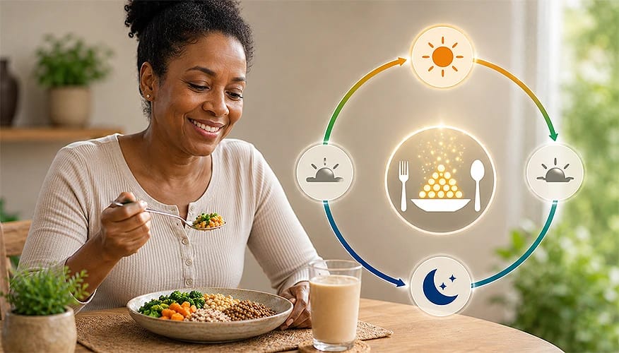Woman eating a balanced liver disease meal with a daily eating cycle diagram