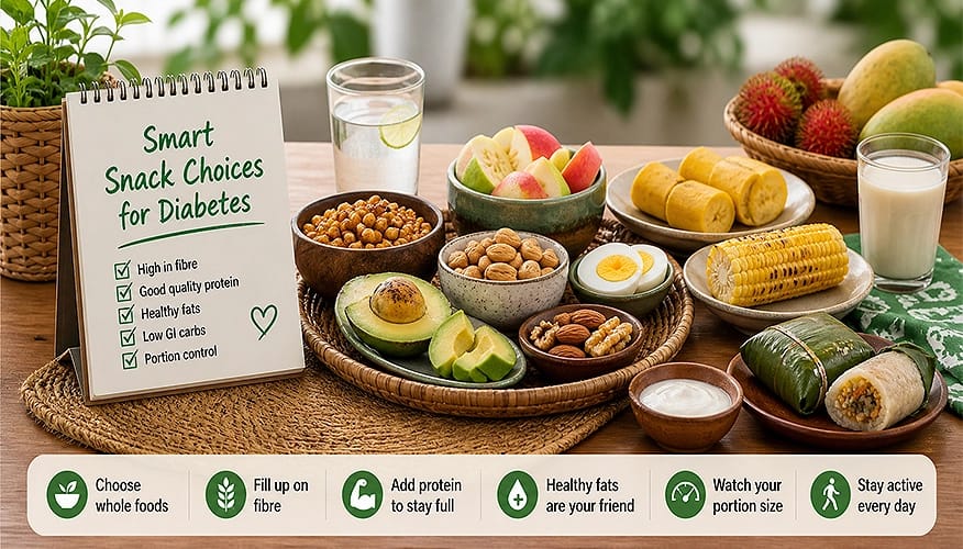 Smart diabetic snack choices spread with avocado, nuts, eggs, low GI fruits showing high fibre protein healthy fats