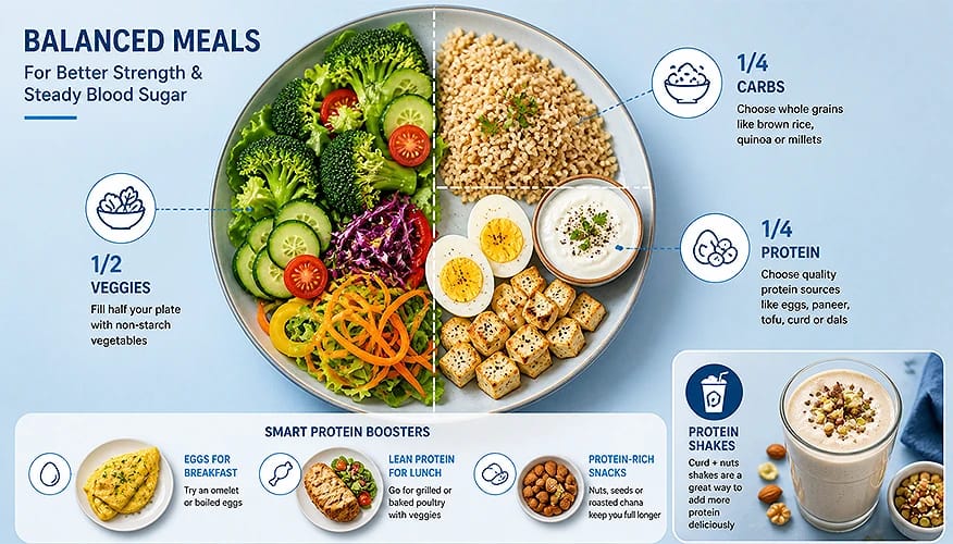 Balanced meal plate for better strength and steady blood sugar with vegetables, protein, whole grains, and healthy foods