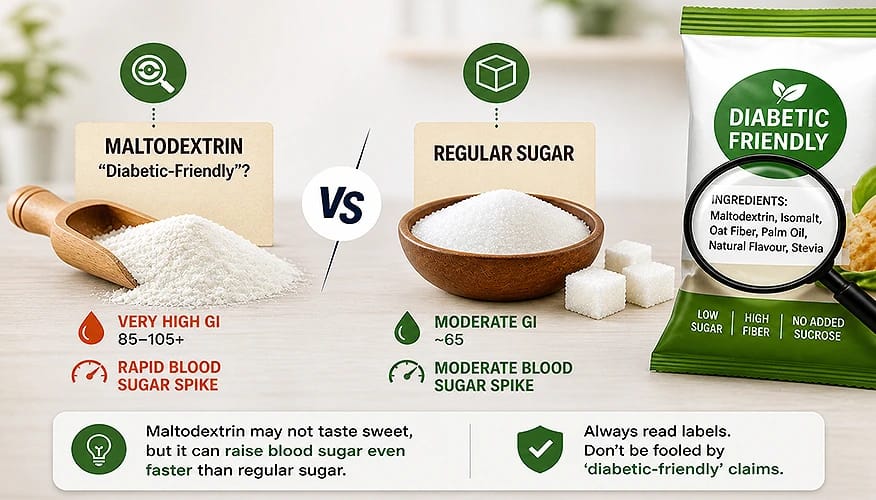 Maltodextrin vs regular sugar GI comparison showing high blood sugar spike risk hidden in diabetic friendly food labels