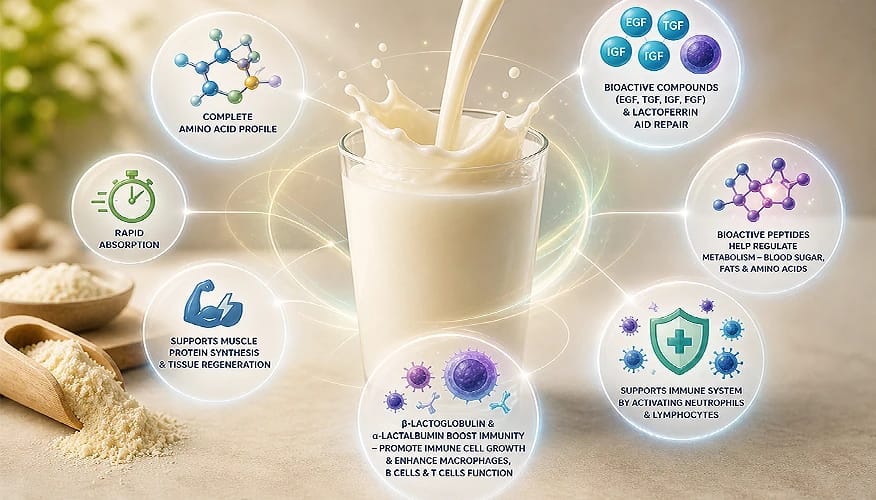 Infographic showing whey protein benefits including amino acids, immunity, and tissue repair