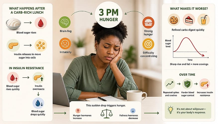 3 PM hunger crash infographic showing blood sugar spike, insulin resistance, brain fog and carb cravings after lunch