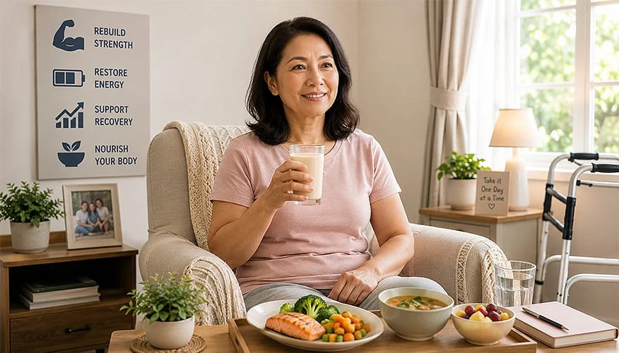 Woman in recovery at home with nutritious meal showing rebuild strength, restore energy, support recovery, nourish your body wellness goals.